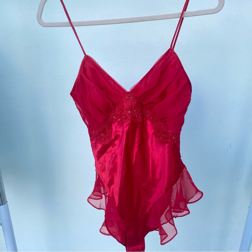 Victoria’s Secret Gold Label Red Satin & Chiffon Bodysuit Extra Small Petite